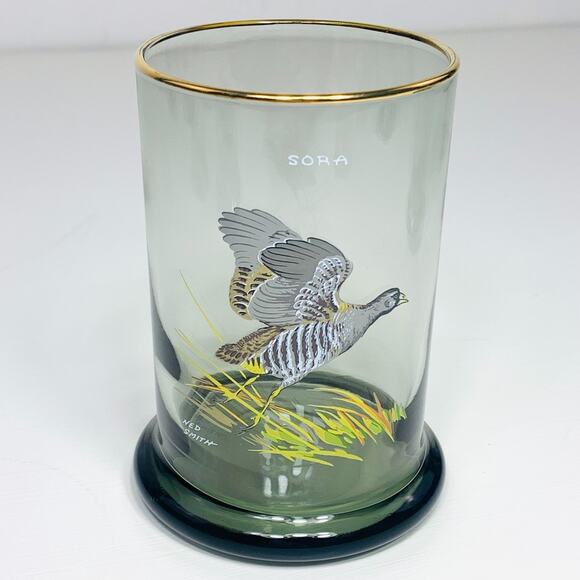 NED SMITH Double Lowball 12 oz Glass Set (4) Smoke Gold Rim Waterfowl Rocks EUC - Picture 3 of 11